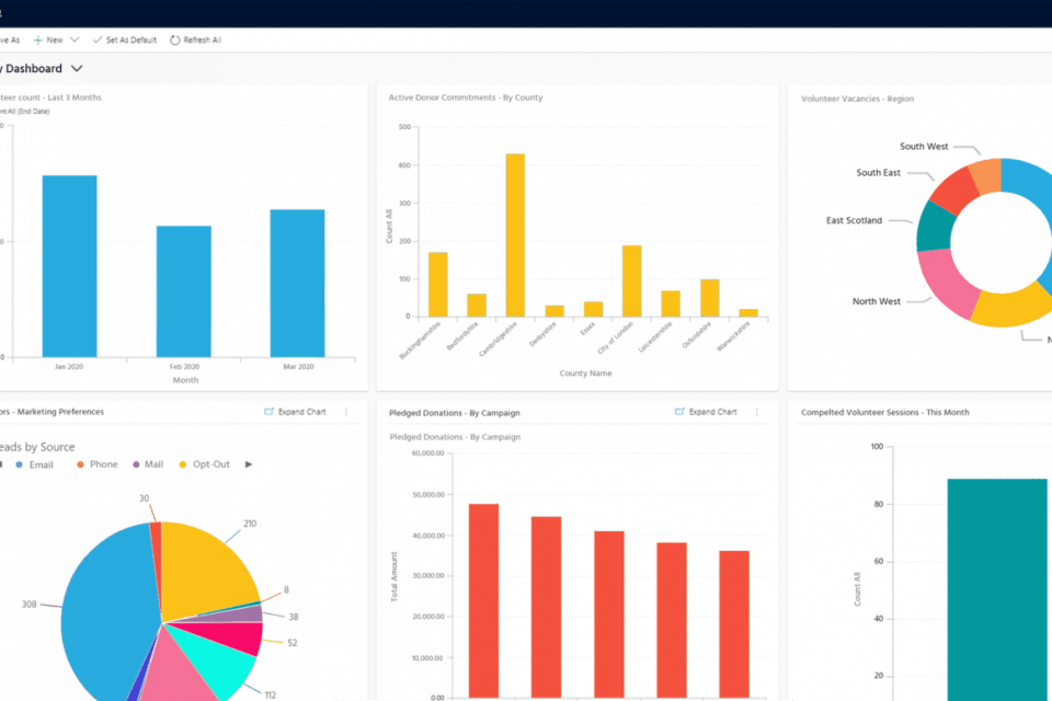 Bar charts and pie charts displaying data in Dynamics 365 charity dashboard