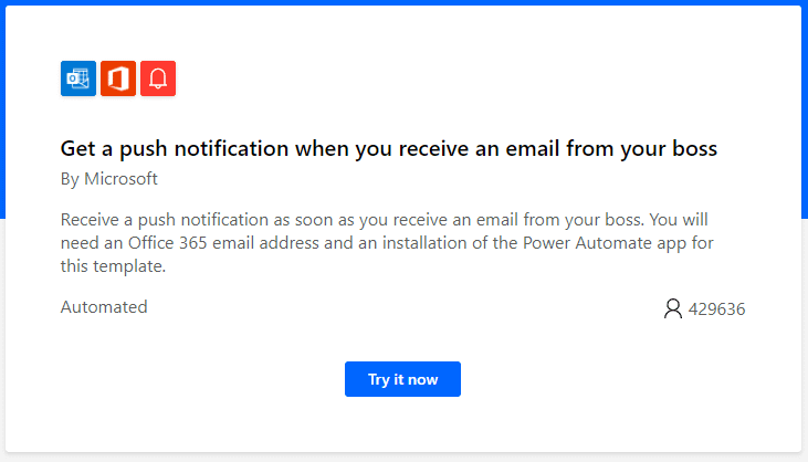 Power automate example template - push notification when you receive email from boss
