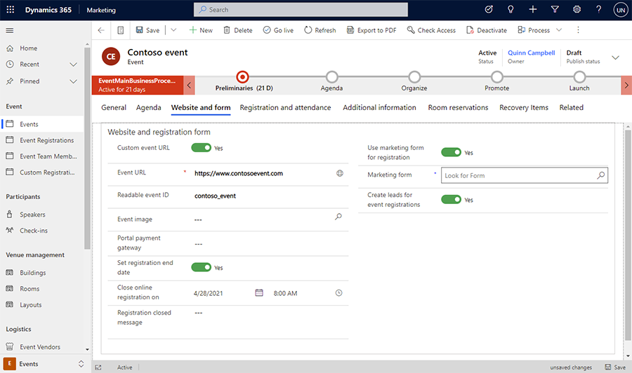 Events records in dynamics 365 for charities