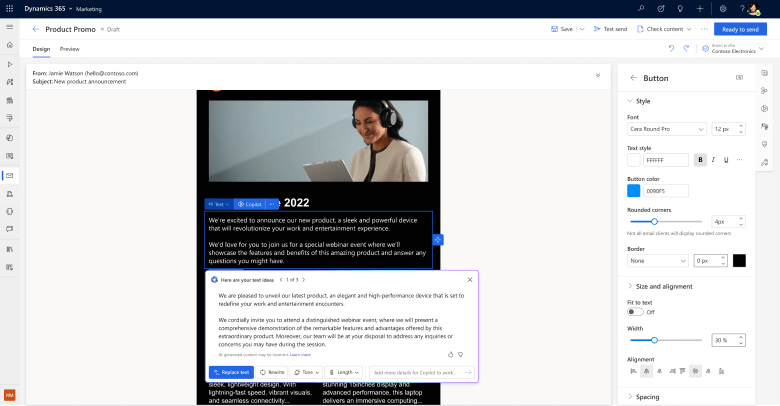 Dynamics 365 Marketing Copilot Text Editing on Email