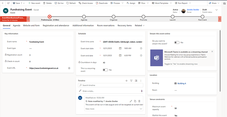 Dynamics 365 for Charities showing event management capabilities