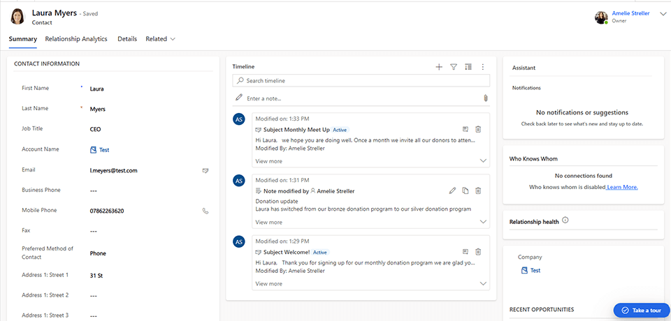 Donor profile within Microsoft Dynamics 365 for Charities showing timeline, contact info and more.