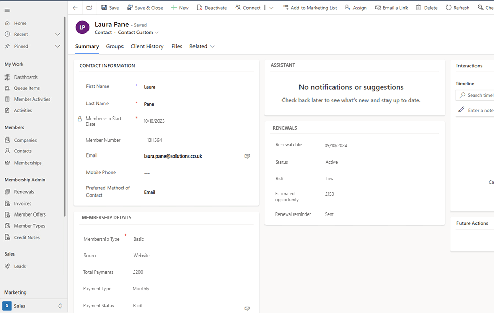 Membership contact record in member management solution showing contact details, subscription details, etc